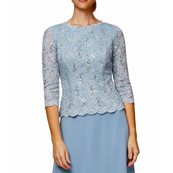 Alex Evenings 3/4 Sleeve Sequined Lace Scalloped Bodice Chiffon Skirted Gown - Picture 2 of 10